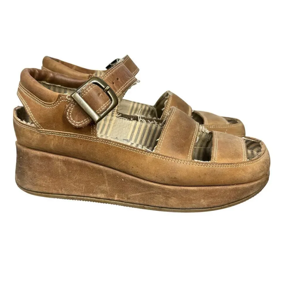 Mosquitos Y2K Chunky Platform Brown Leather Fisherman Sandals Size 8